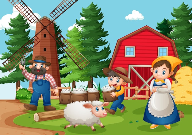 Vettore gratuito famiglia felice nella scena della fattoria in stile cartone animato
