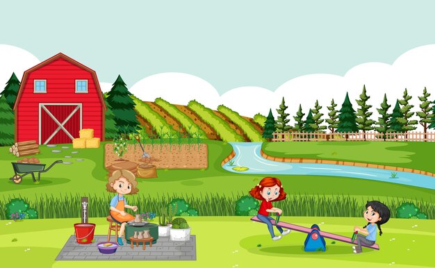 Happy family in farm scene with red barn in field landscape