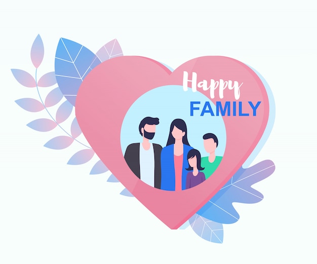 Free vector happy family father mother daughter son picture in heart shape frame