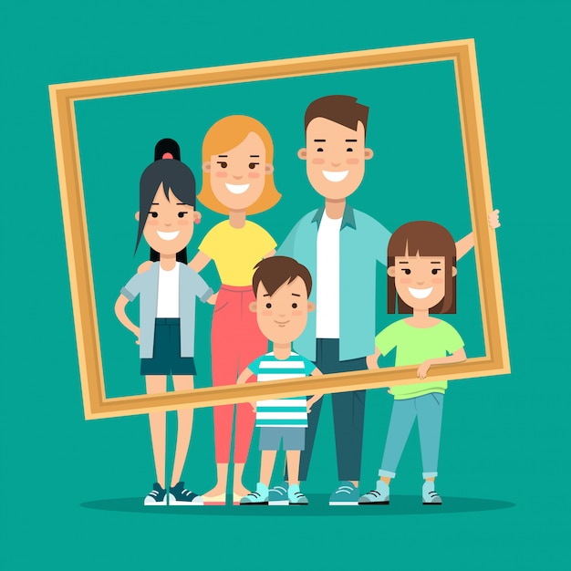 Бесплатное векторное изображение Счастливая семья в рамке портрет плоский стиль векторные иллюстрации.