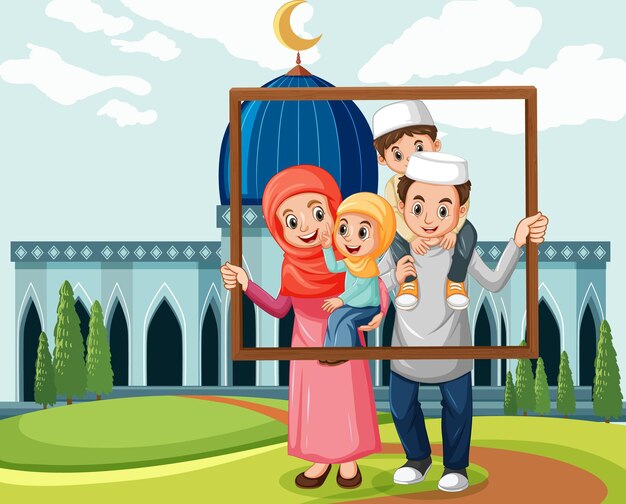 Счастливая семья, держащая фоторамку с мечетью на заднем плане