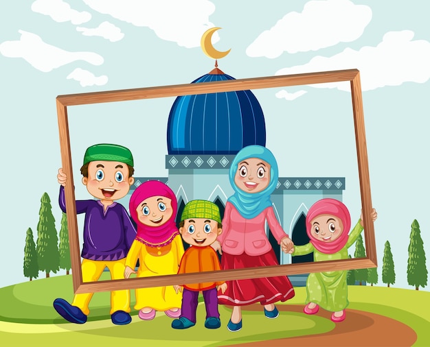 Happy family holding photo frame with mosque