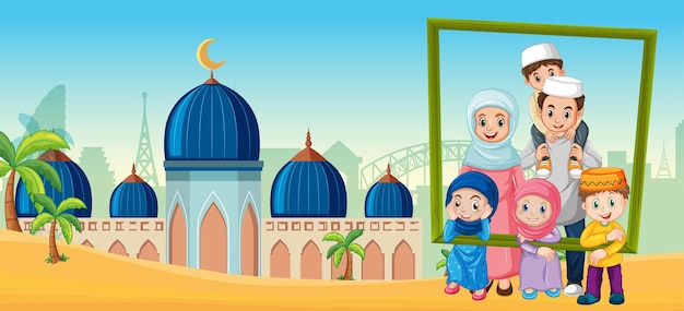 Happy family holding photo frame with mosque