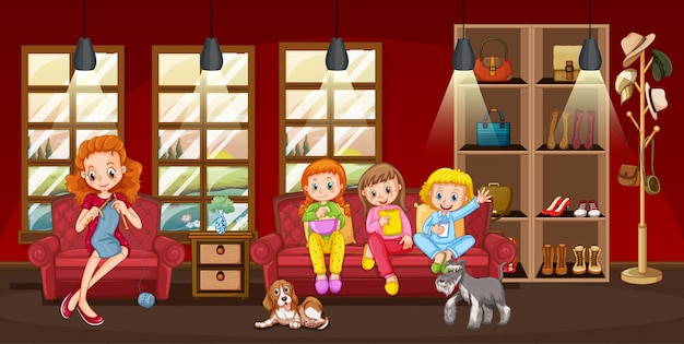 Happy family in the living room scene illustration