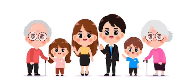 Free vector happy family mother father grandmother grandfather and child character chand drawn cartoon art illustration