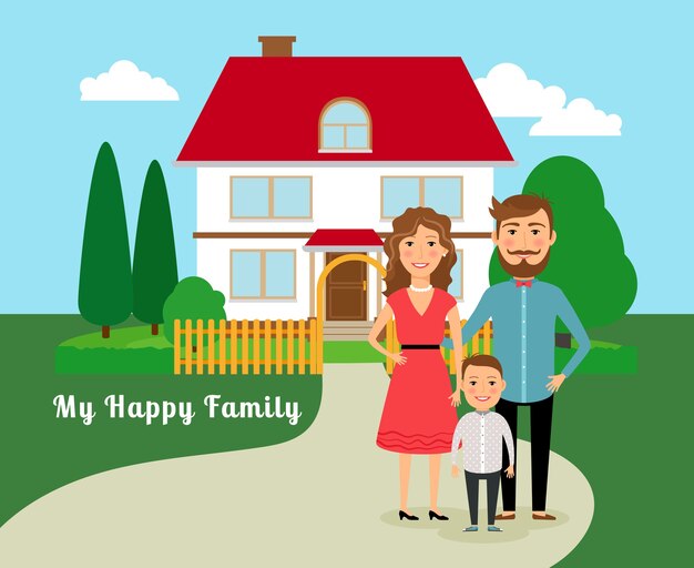 Счастливая семья возле дома. Отец, мать и сын, и дом с красной крышей. Векторная иллюстрация