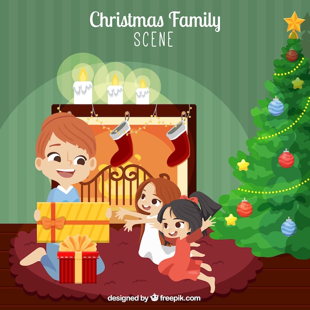 Happy family opening gifts background 