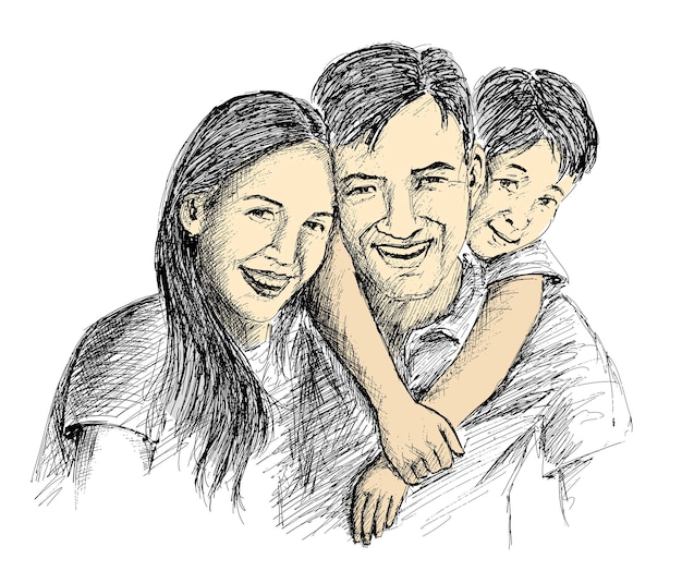 Vettore gratuito famiglia felice genitori e bambini disegno di schizzo a mano