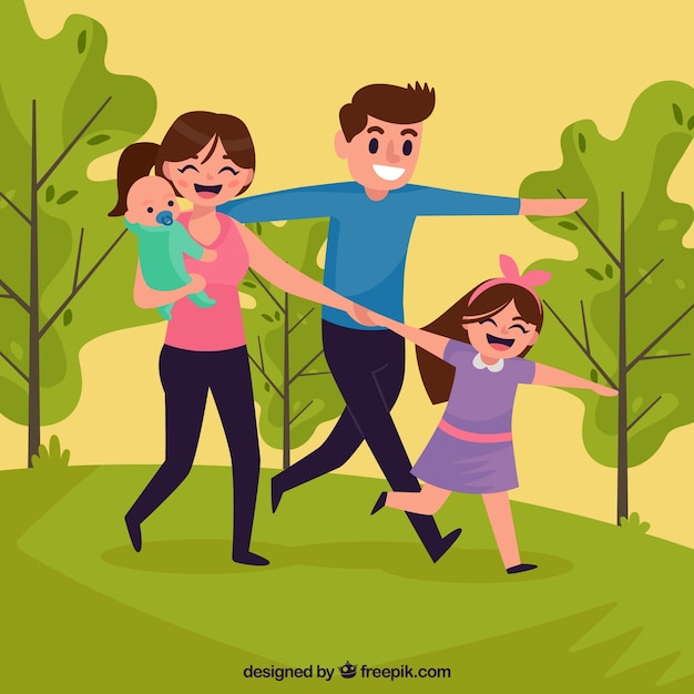 Famiglia felice nel parco con design piatto