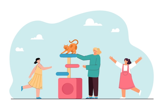 Happy family people playing with scratching post and cat house. kitten climbing on top of tower flat vector illustration. toy from pet store concept for banner, website design or landing web page