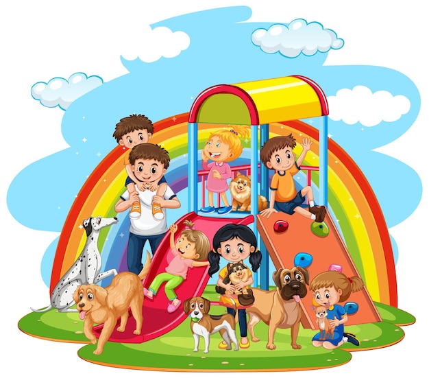 Vettore gratuito famiglia felice al parco giochi su sfondo arcobaleno