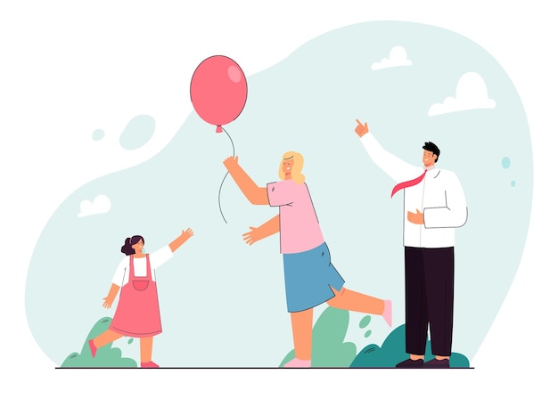 Happy family playing with balloon outside together. mother holding string of balloon, cheerful father and daughter flat vector illustration. family, outdoor activity, leisure concept for banner