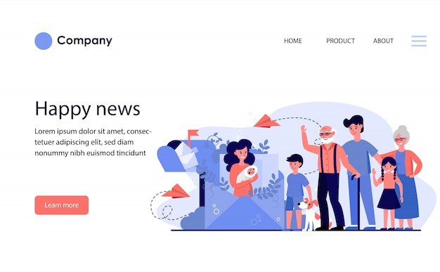 幸せな家族が生まれたばかりの赤ちゃんについての手紙を受け取ります。ウェブサイトテンプレートまたはランディングページ
