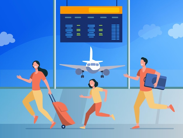 Бесплатное векторное изображение Счастливая семья бежит за регистрацией на рейс. турист, багаж, плоский рисунок самолета