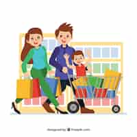 Vettore gratuito famiglia felice shopping con design piatto