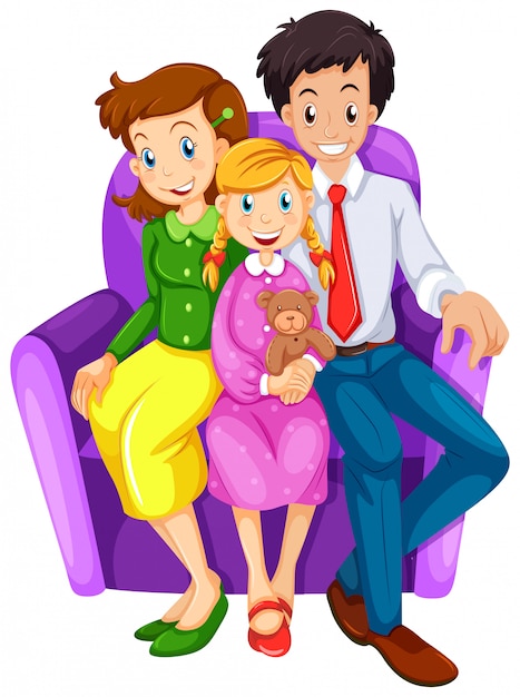 A happy family sitting on a couch