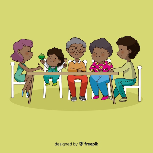 Free vector happy family sitting at the table, character design