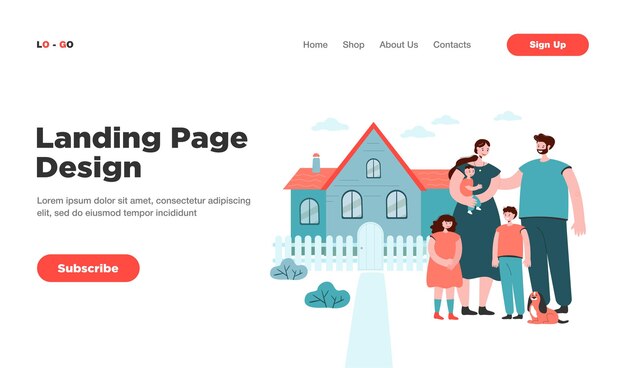 Happy family standing in front of new house landing page