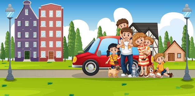 Happy family standing outside home with a car