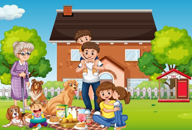 Счастливая семья, стоящая вне дома со своими домашними животными