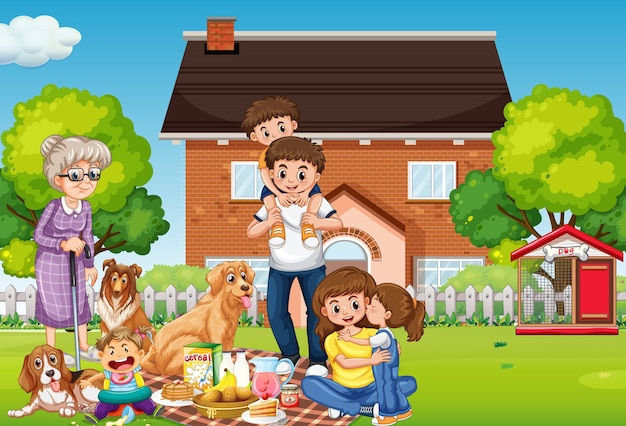 Happy family standing outside home with their pets