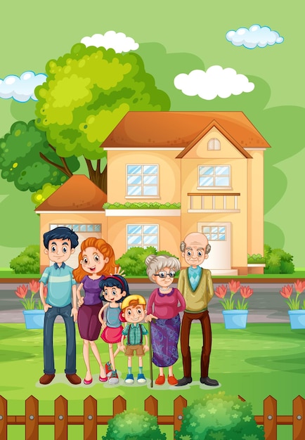 Бесплатное векторное изображение Счастливая семья, стоящая вне дома