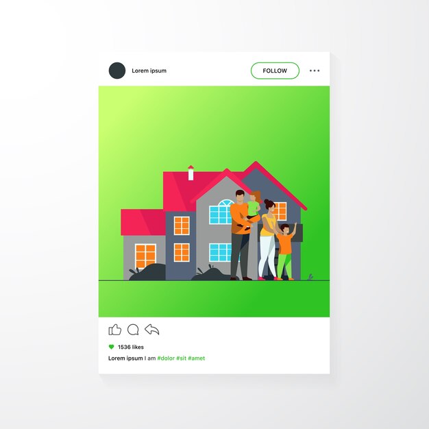 Happy family standing together in front of house flat vector illustration. Cartoon people posing for picture outside. Happiness and love concept.