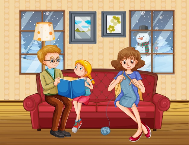 Free vector happy family stay at home during winter