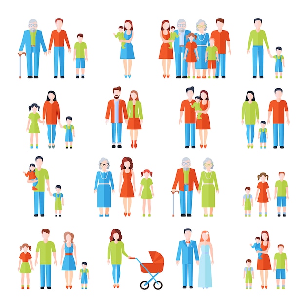 幸せな家族3世代フラットアイコンセット父親祖父母と子供の抽象的なベクトル分離イラスト