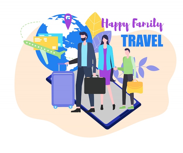 Happy Family Travel Vector Illustration. Father Mother Child with Suitcase