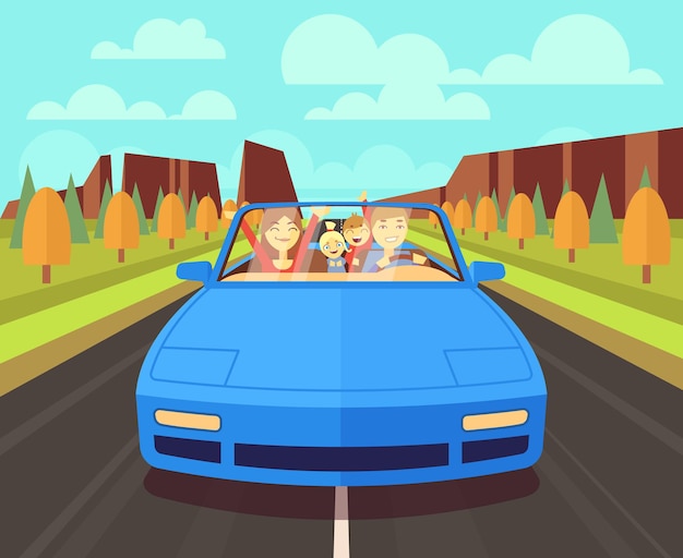 Free vector happy family traveling in car on road with beautiful landscape