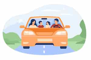 免费矢量幸福的家庭在汽车旅行孤立平面向量插图。前视图卡通的父亲、母亲、儿子和女儿在车。