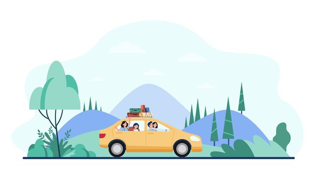 Happy family travelling by car with camping equipment on top.