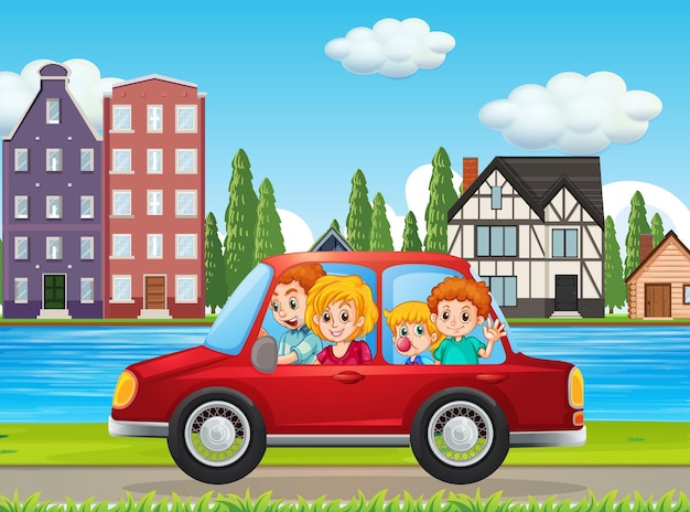 빨간 자동차로 도시를 여행하는 행복한 가족