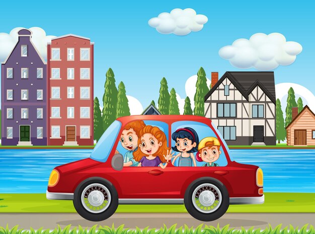 Счастливая семья, путешествующая по городу на красной машине