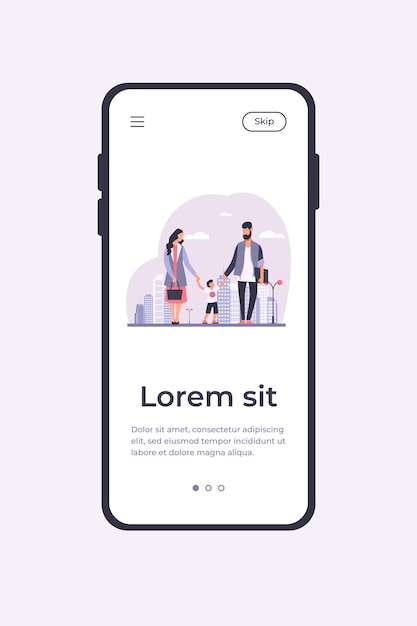 무료 벡터 도시에서 걷는 행복 한 가족. 엄마와 아빠 손을 잡고 소년 평면 벡터 일러스트 레이 션. 배너, 웹 사이트 디자인 또는 방문 웹 페이지에 대한 부모, 어린 시절, 라이프 스타일 개념