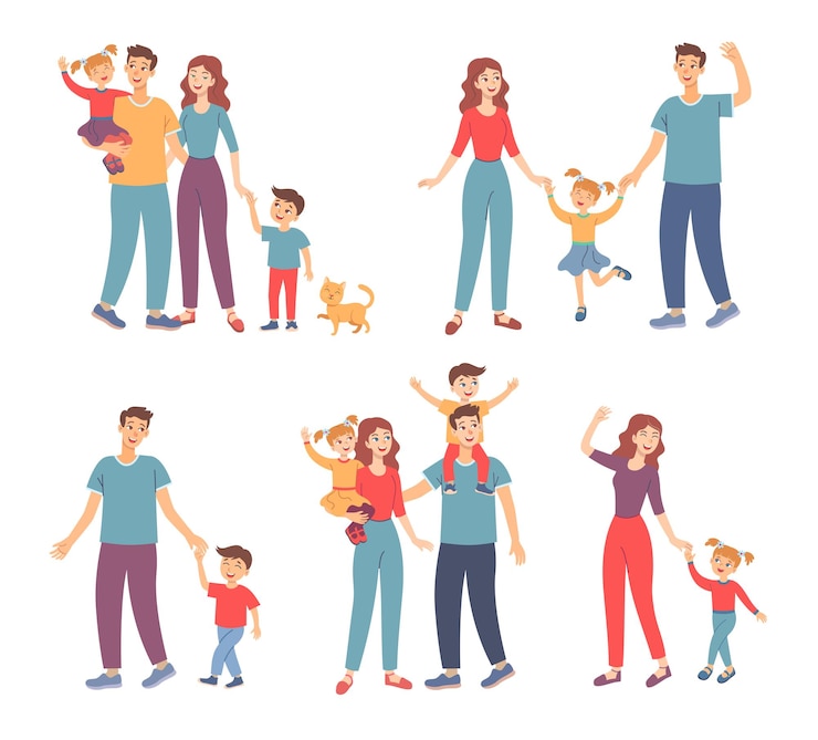 Free Vector happy family walking together outdoors set. illustrations of parents and children holding hands