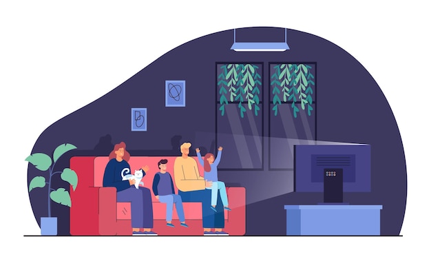 Happy Family Watching Tv At Night Flat Vector Illustration. Mother, Father, Kids And Cat Sitting On Sofa In Living Room. Watching Television Or Movie, Spending Weekend Together. Entertainment Concept