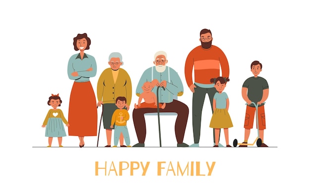 Бесплатное векторное изображение Счастливая семья с квартирой разных поколений