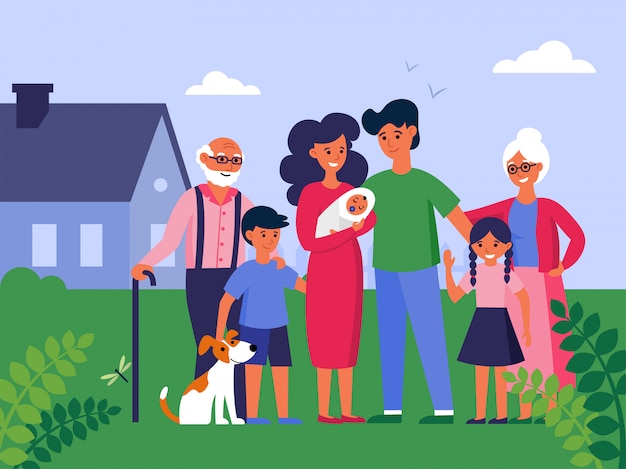 Happy family with grandparents and kids standing at house