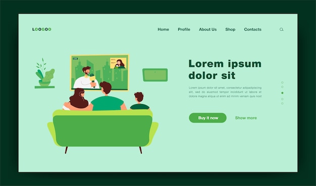 無料ベクター ソファに座ってニュース孤立したフラットイラストを見ている子供と幸せな家族。居間のコーチの漫画の人々の背面図。テレビ番組とエンターテインメントのコンセプトのランディングページ