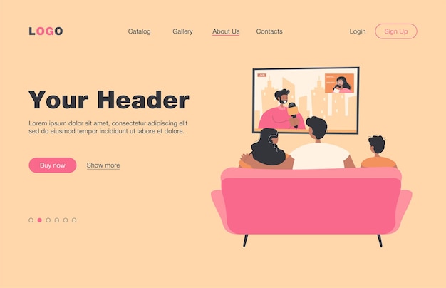 無料ベクター ソファに座ってニュース孤立したフラットランディングページを見ている子供と幸せな家族..リビングルームのコーチの漫画の人々の背面図。テレビ番組とエンターテインメントのコンセプト