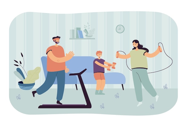 Happy family with kid training at home flat illustration