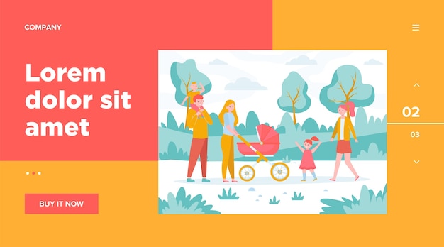 Free vector happy family with kids walking in city park. parents couple wheeling pram with baby outdoors. flat vector illustration for weekend, leisure, recreation, lifestyle concepts