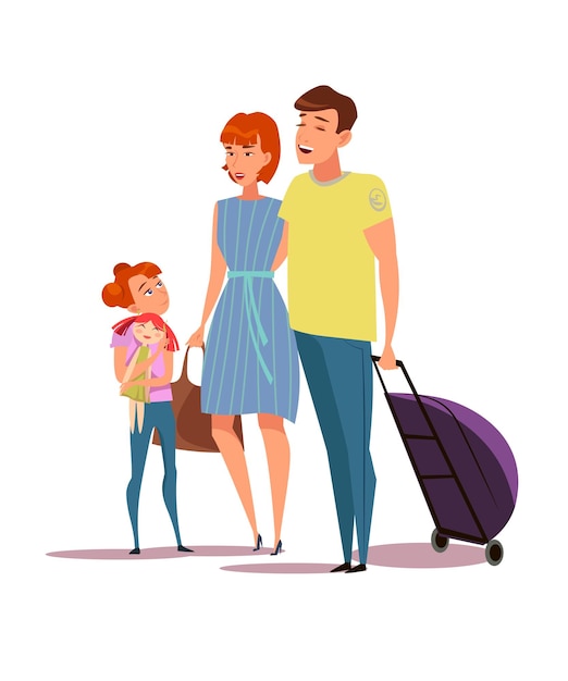 Free vector happy family with luggage mother father and little daughter cartoon characters young parents and child holding bags couple with kid relocating going on vacation