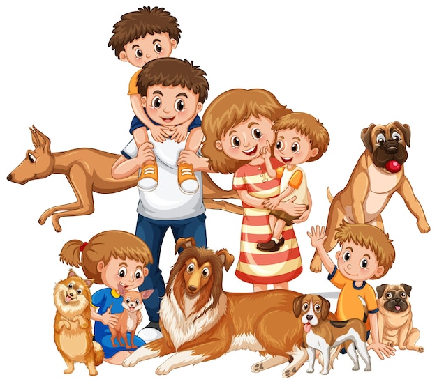 Famiglia felice con molti cani