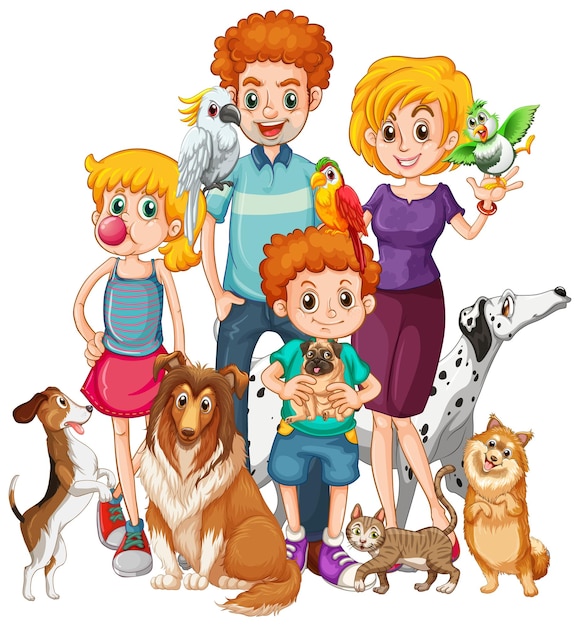 Vettore gratuito famiglia felice con i loro cani in stile cartone animato