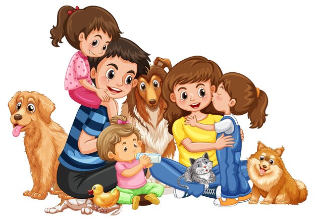 Happy family with their dogs on white background