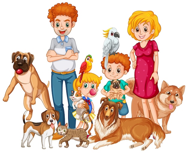 Vettore gratuito famiglia felice con i loro animali domestici in stile cartone animato