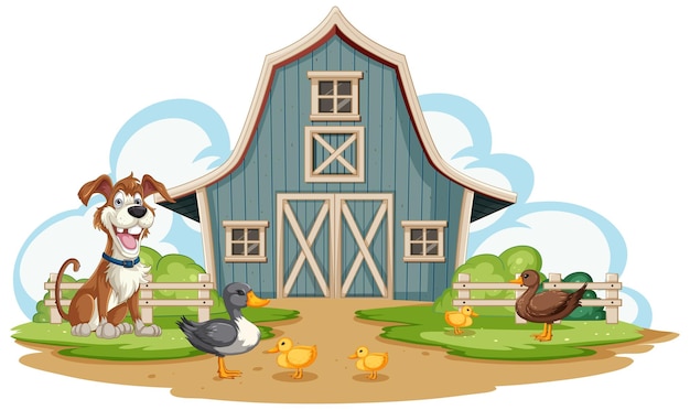 Free vector happy farm animals and barn scene